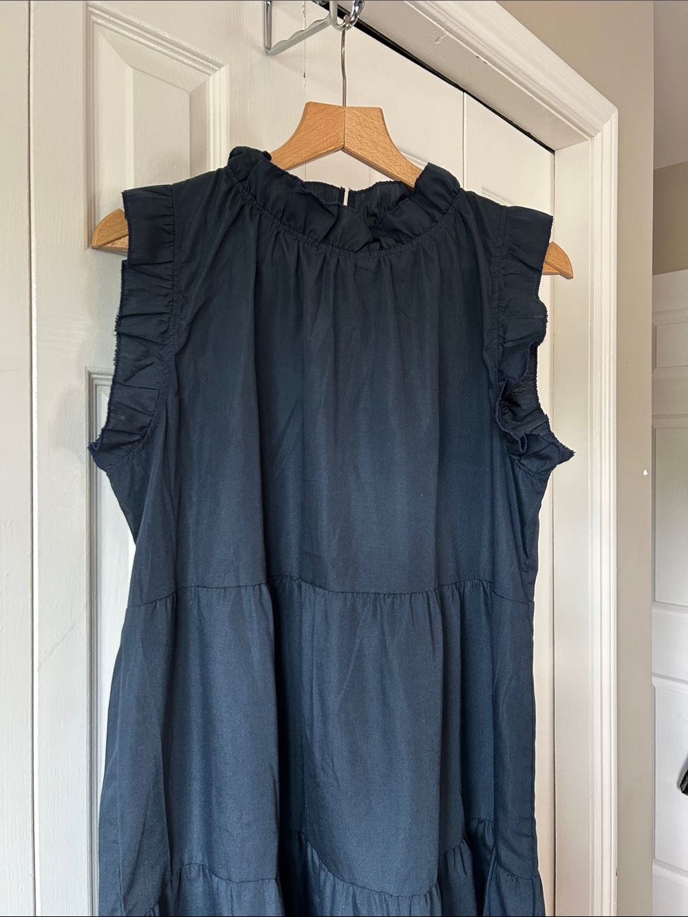 Sleeveless Ruffle Neck Tiered Midi Dress - Navy